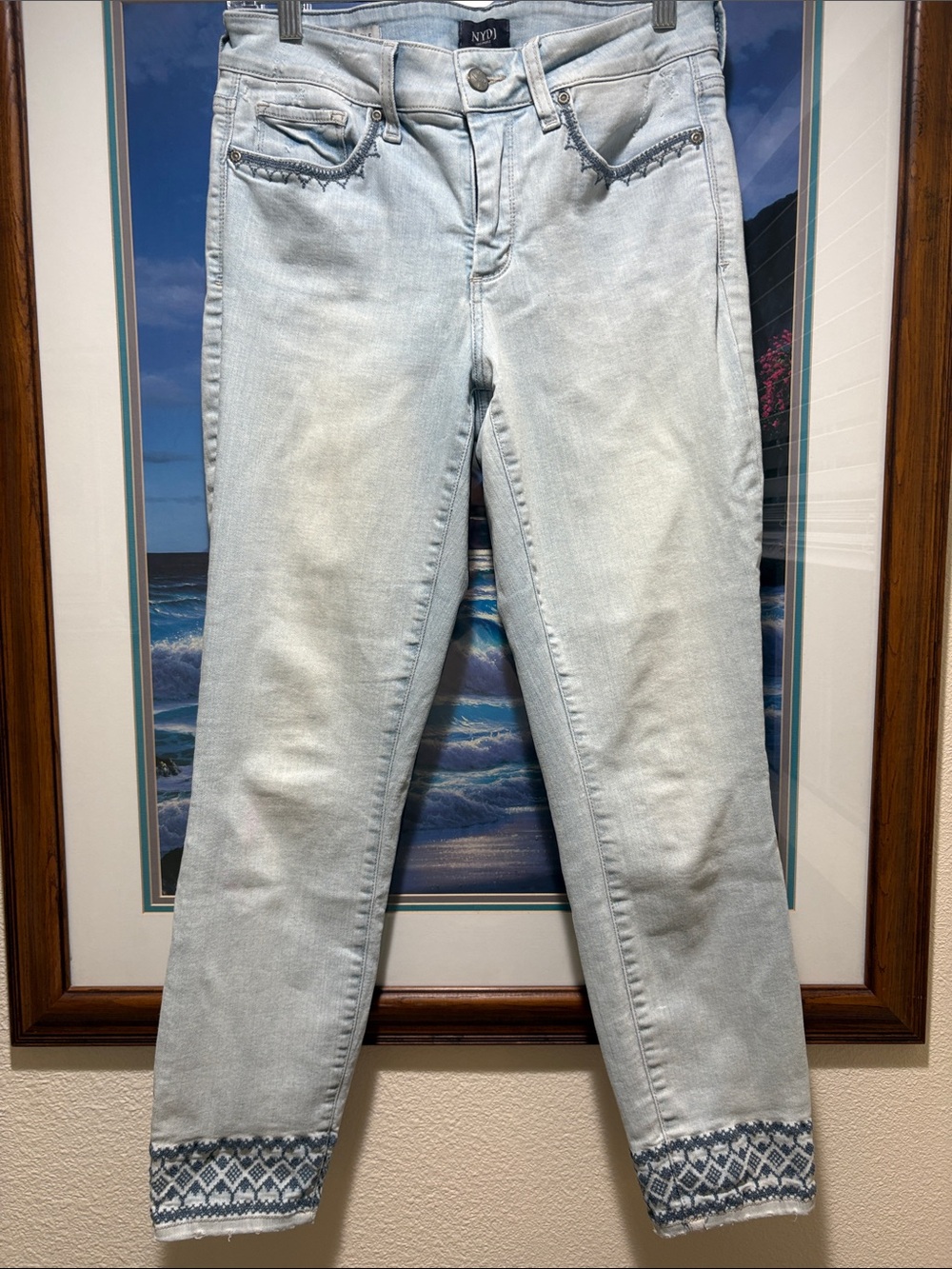 NYDJ Light Blue Cropped Ankle Jeans with Embroidered Hem